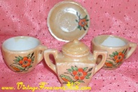 Image for Tea Set Service Miniature 5-Pieces Occupied Japan Peach Luster Floral & Bird Design Vintage ca 1947-1952 <b><span style='color:red'>*****PRIORITY MAIL SHIPPING INCLUDED – DOMESTIC ORDERS ONLY!*****</span></b><span style='color:purple'>